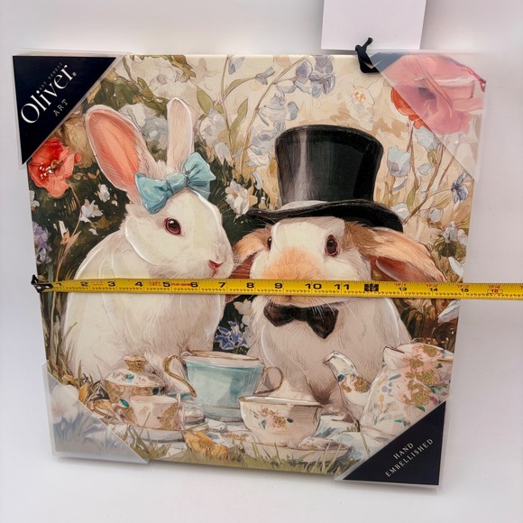 Oliver Art Hand Embellished Canvas Art Print Easter Rabbits Tea Party Top Hat - Picture 3 of 3